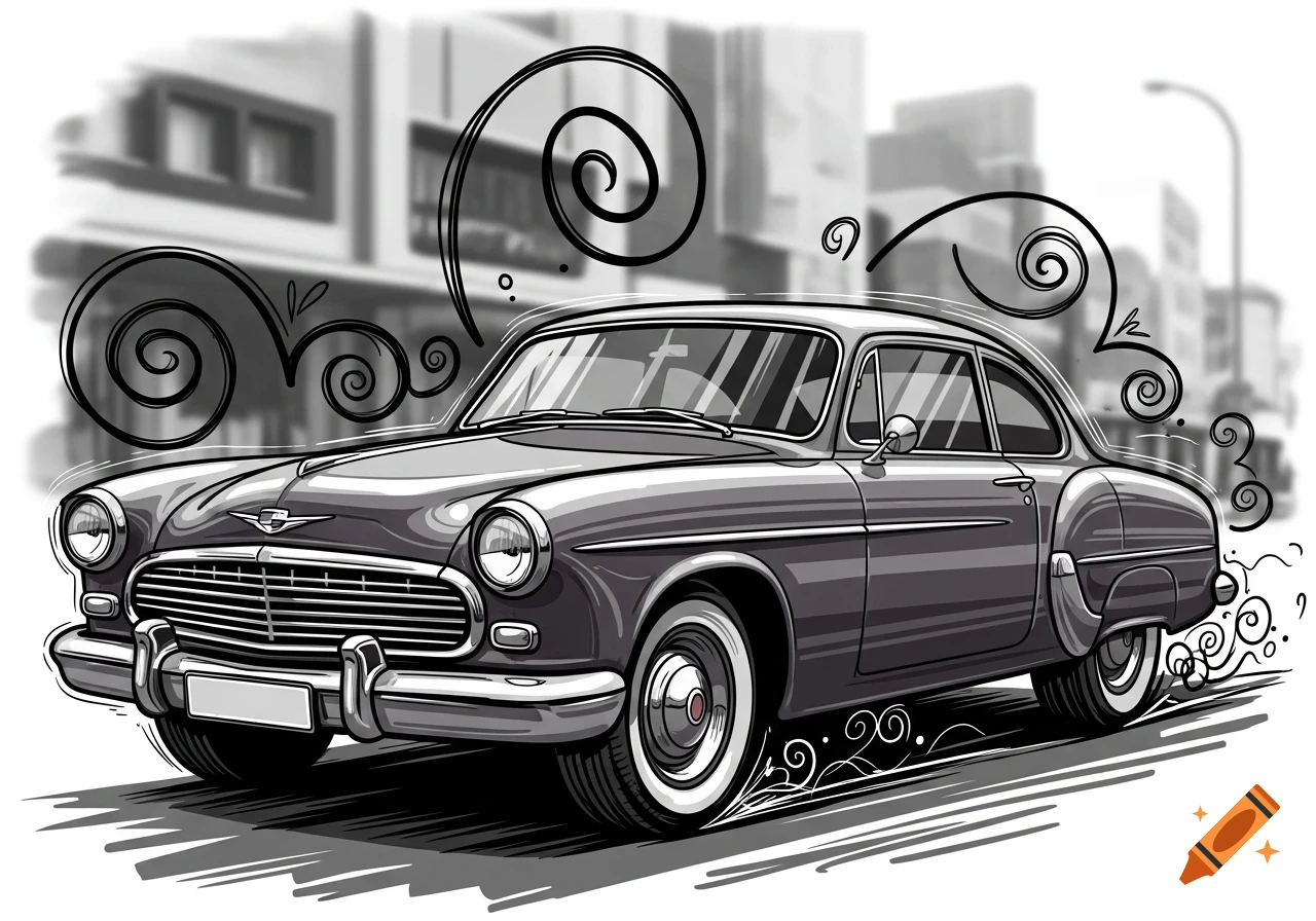 Scribble drawing of a vintage gray car with white-walled tires, against a blurred grayscale city background.