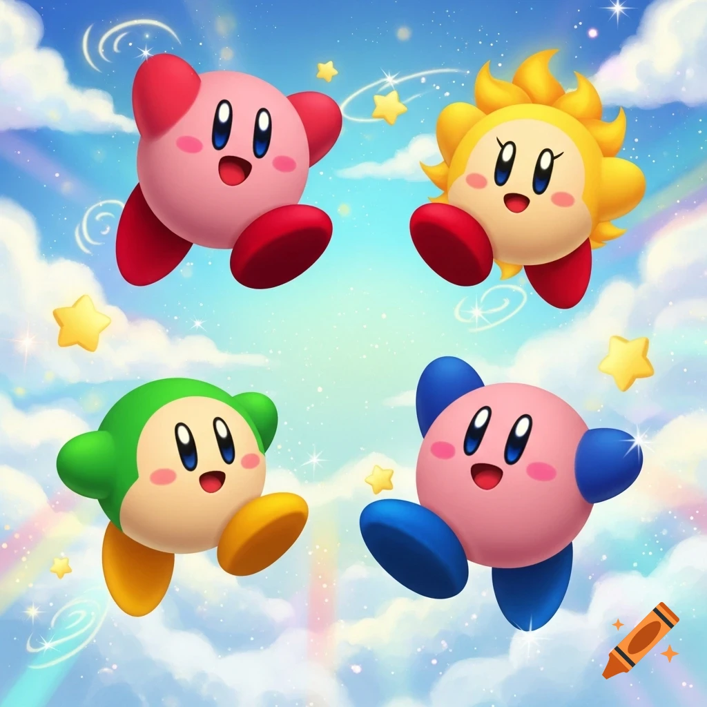 Four colorful Kirby characters, red, yellow, green, and blue, float happily in a bright blue sky with clouds, stars, and a faint rainbow.