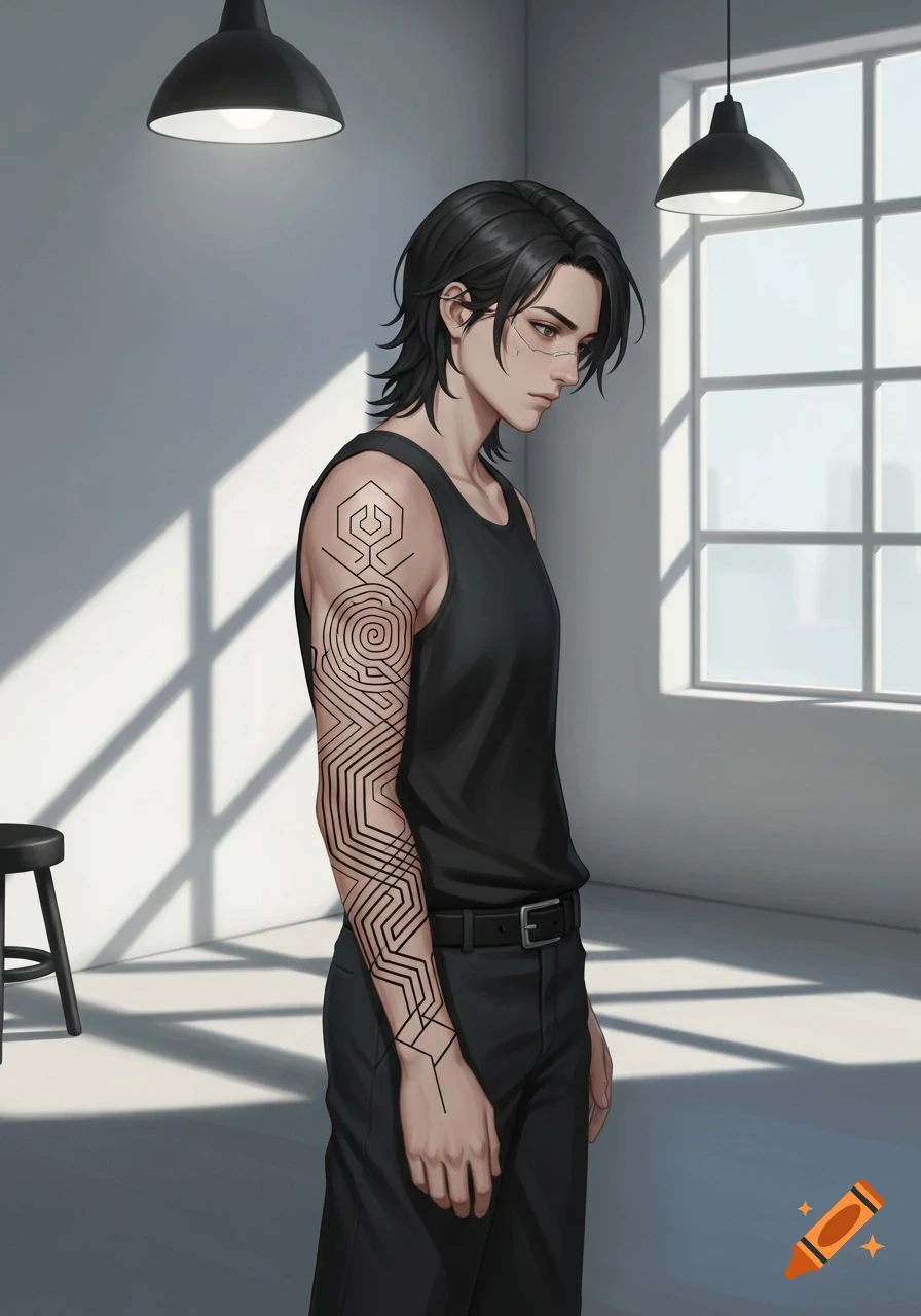 An anime-style male character with dark hair and a geometric arm tattoo wears a black tank top, standing in a brightly lit room with window light.