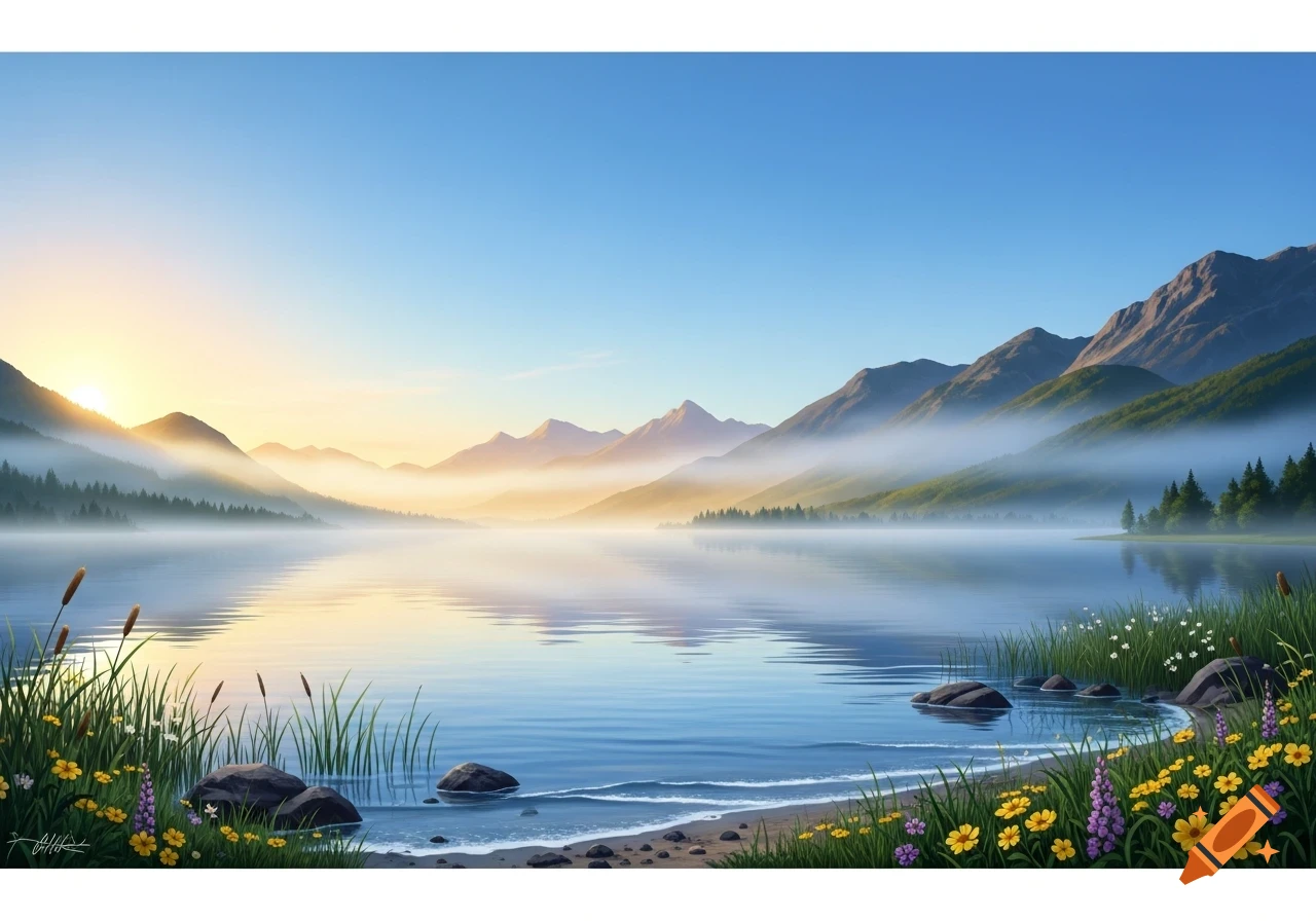 A serene lake reflects a misty mountain sunrise, with vibrant wildflowers and cattails on the shore.