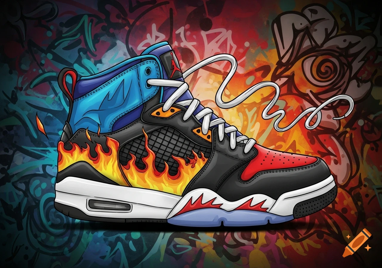 A vibrant cartoon illustration of a black, red, and blue Jordan sneaker with orange flames, on a colorful graffiti background.