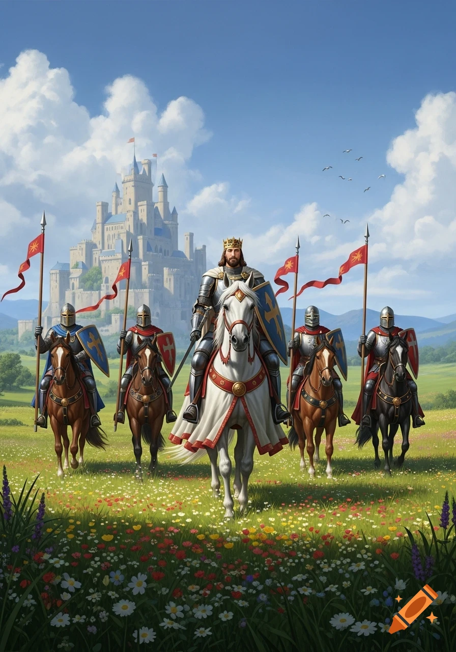 A king on a white horse leads four armored knights on horseback through a colorful flower field towards a distant castle under a blue sky.