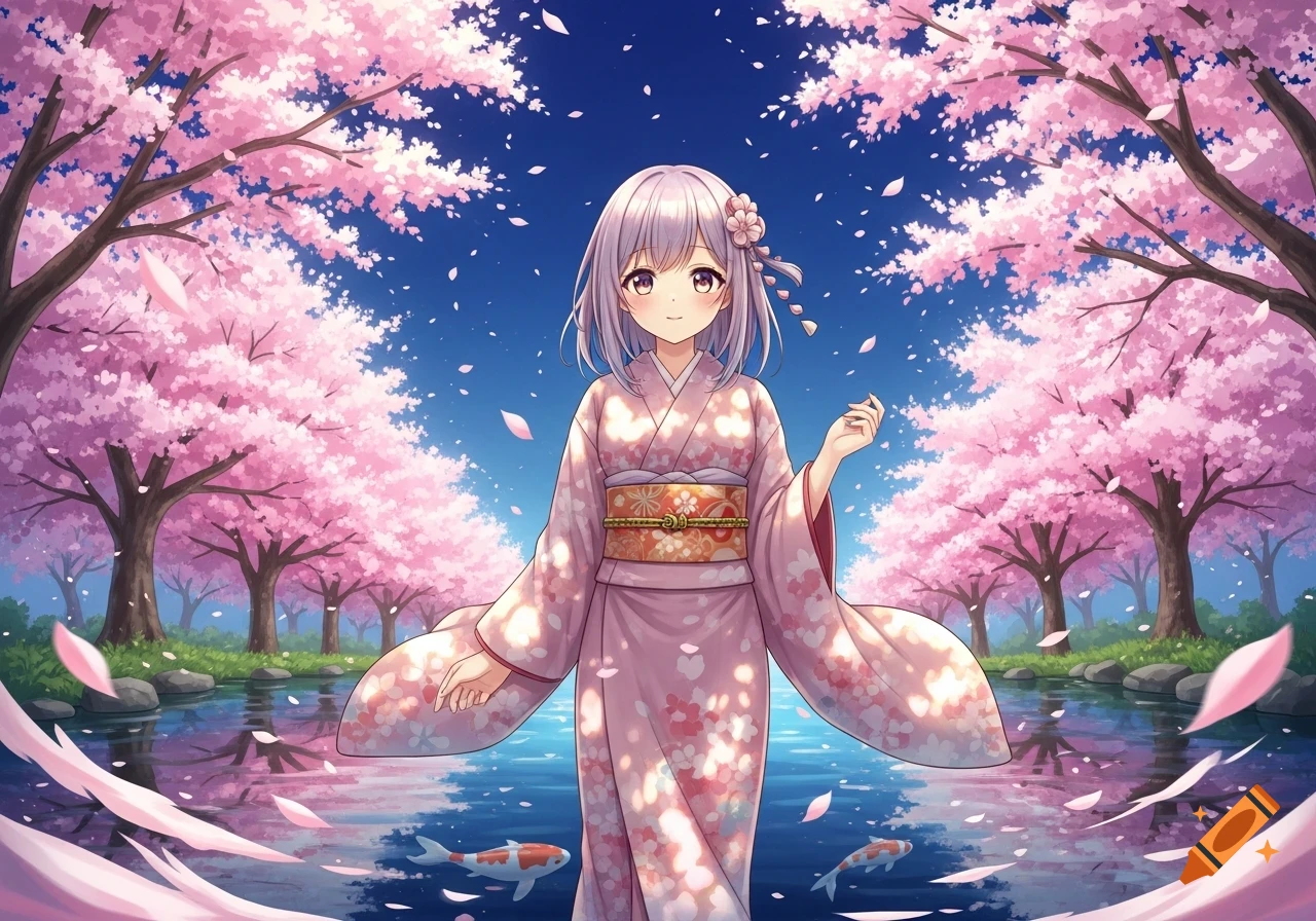 An anime girl in a pink kimono stands by a pond with koi fish, surrounded by cherry blossom trees with falling petals.