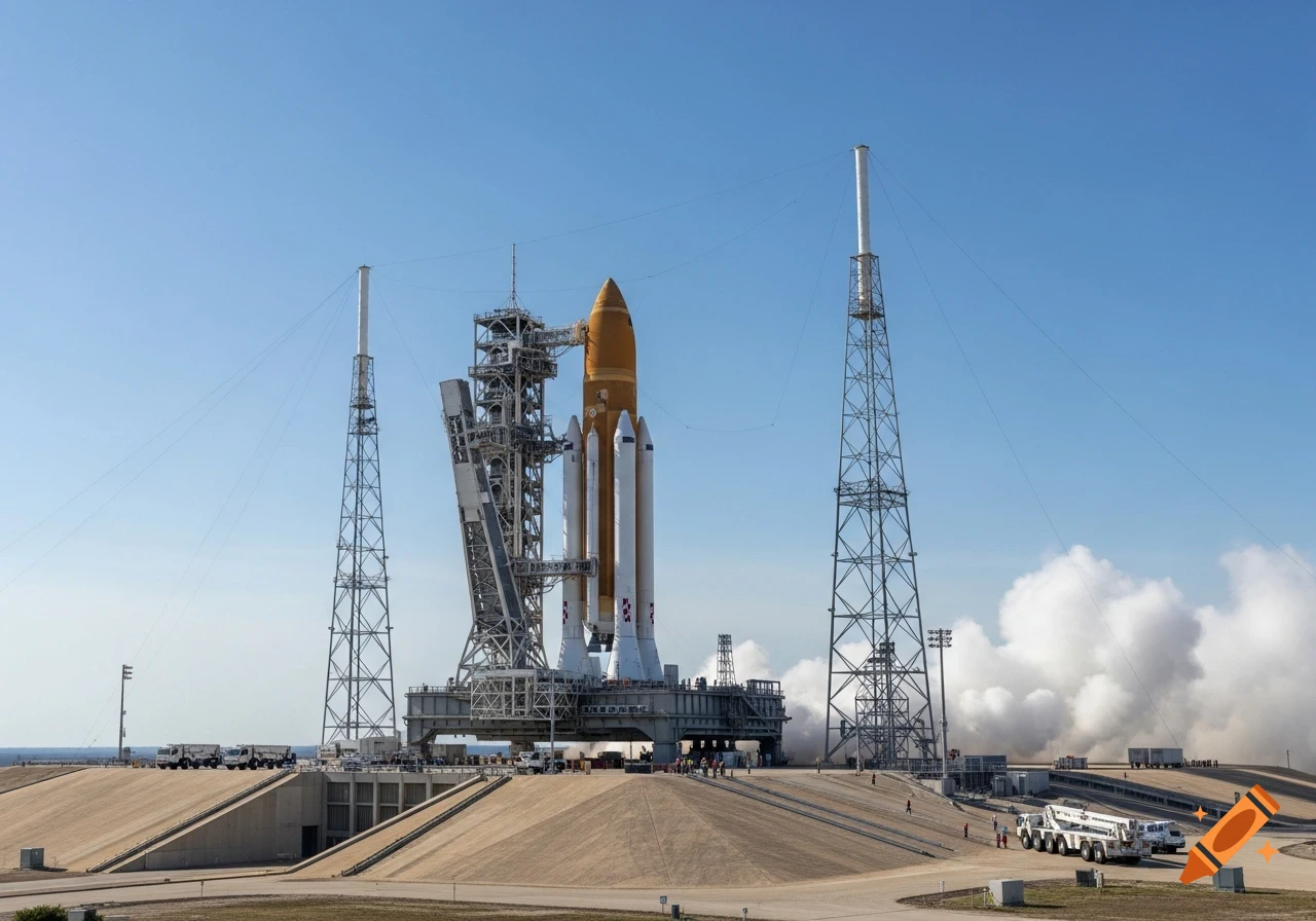 Photorealistic image of a Space Launch System (SLS) rocket on its launchpad with exhaust plumes against a clear blue sky.