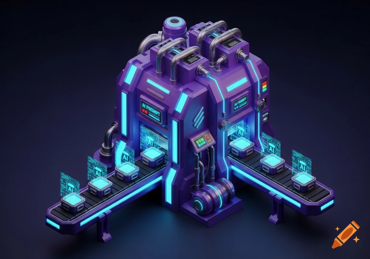 Isometric 3D render of a futuristic purple AI prompt constructor machine with glowing blue lights and conveyors.
