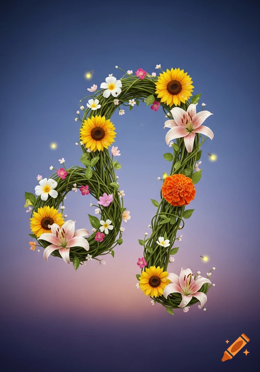 A stylized Leo zodiac symbol formed by green vines adorned with sunflowers, pink lilies, orange marigolds, and small white and pink blossoms, against a blue to purple gradient background with faint glowing specks.