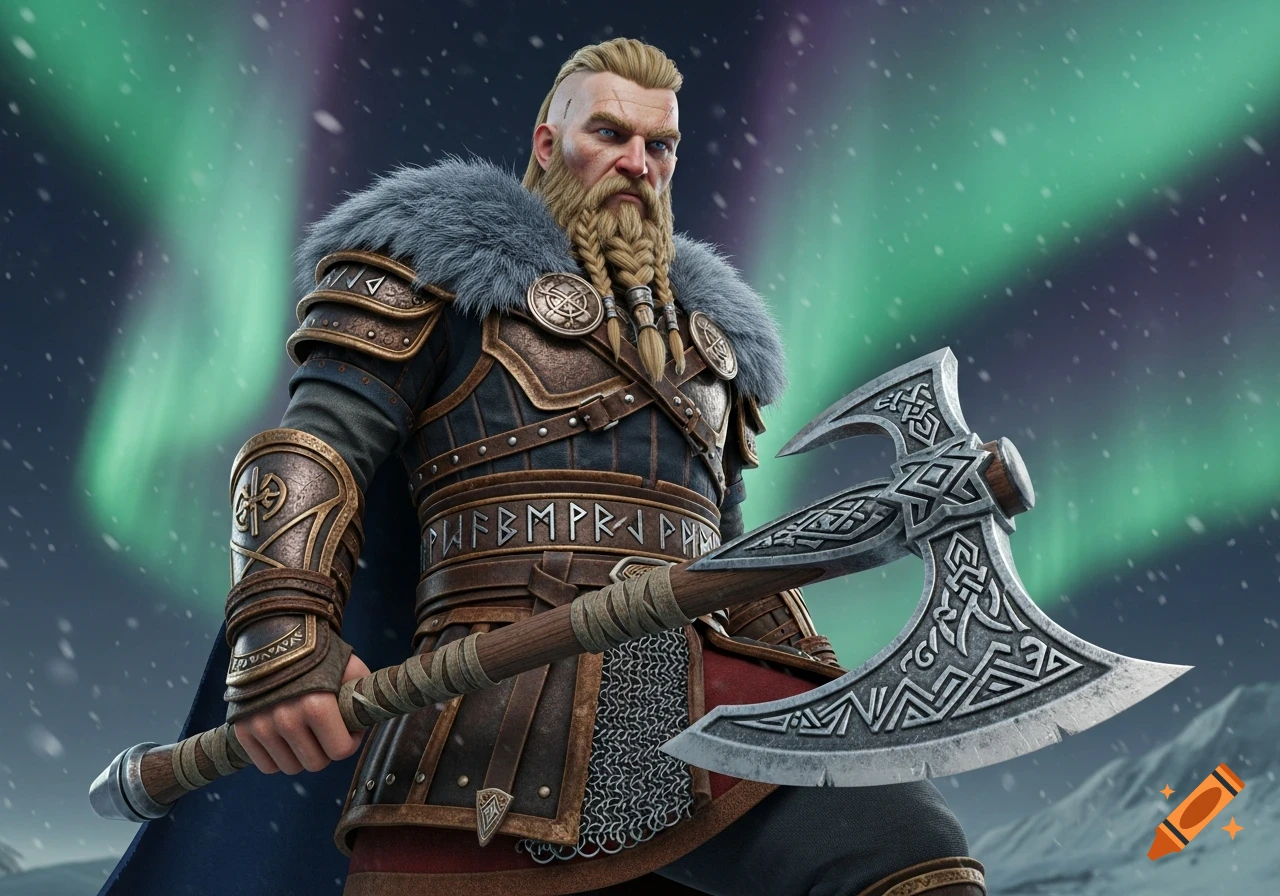 3D render of a fierce Viking warrior in armor, holding a large axe, under an aurora-lit snowy sky.