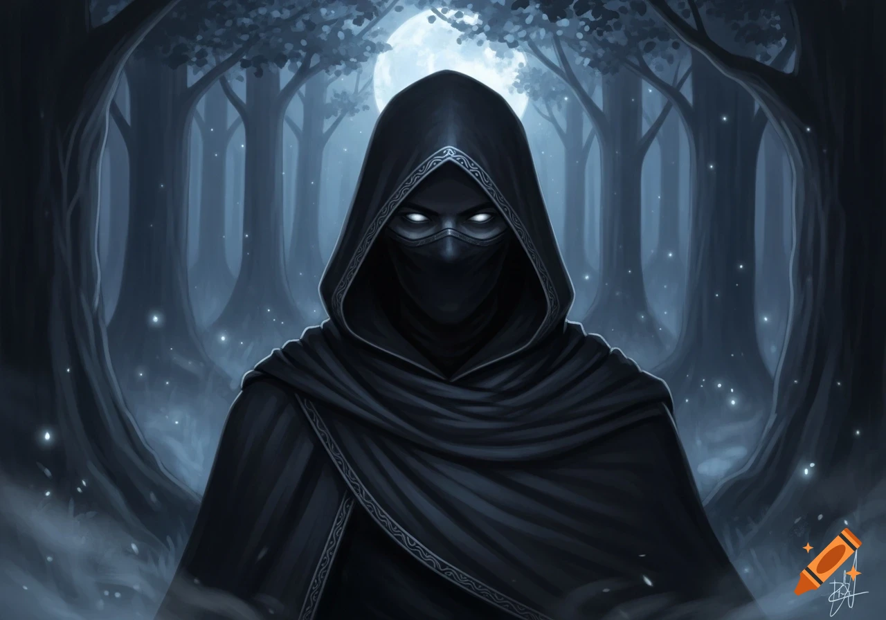A mysterious figure in a dark hooded cloak and mask with glowing white eyes stands in a misty, moonlit forest.