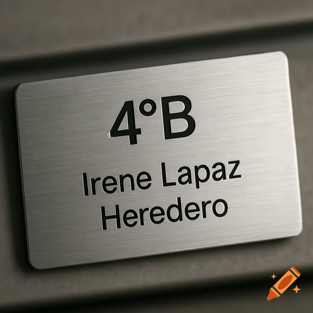 Close-up of a brushed aluminum nameplate with '40B' on the top line and 'Irene Lapaz Heredero' on the bottom line.