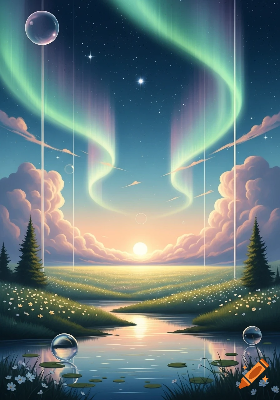 Fantasy landscape with aurora borealis, sunset over a river, and a field of flowers, with floating bubbles.