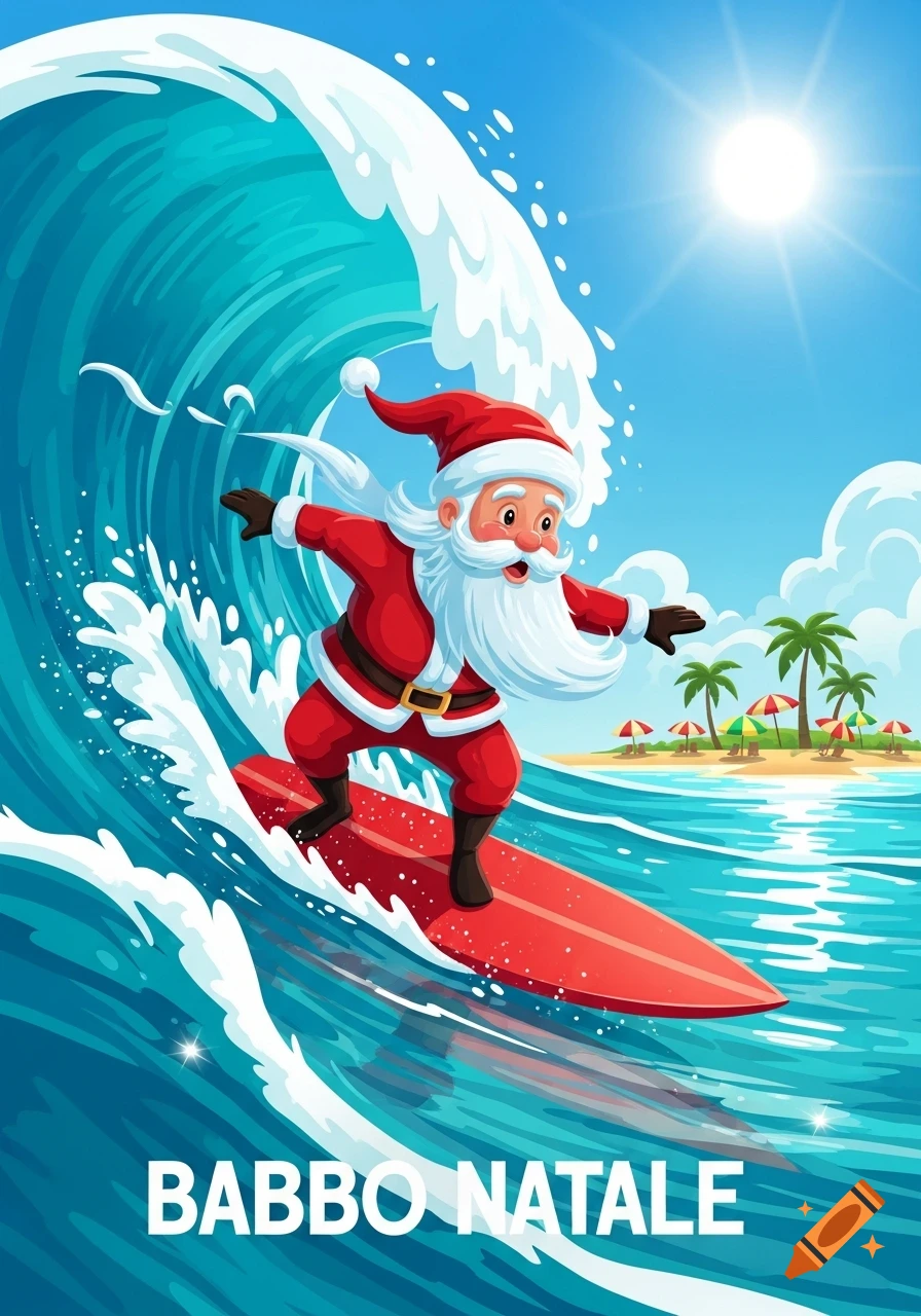 Cartoon illustration of Santa Claus surfing a big wave with a tropical beach and sun in the background, with "BABBO NATALE" text.