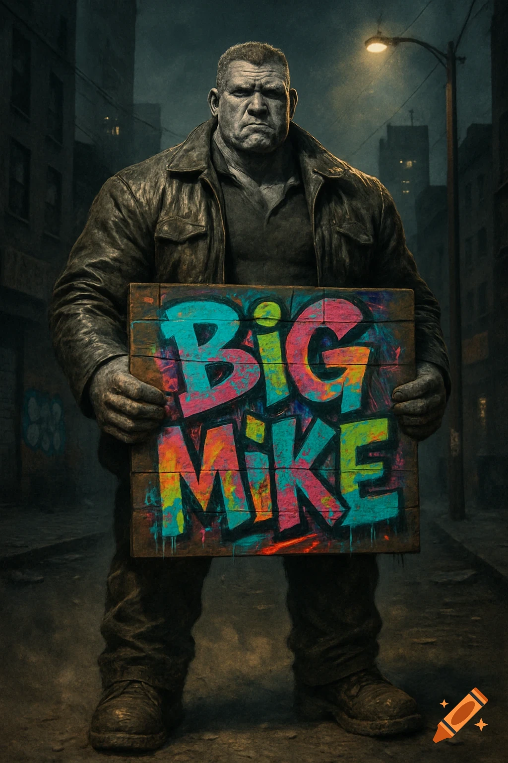 A large, muscular man with a gruff expression stands on a dark urban street holding a sign with 'BIG MIKE' in colorful graffiti letters.