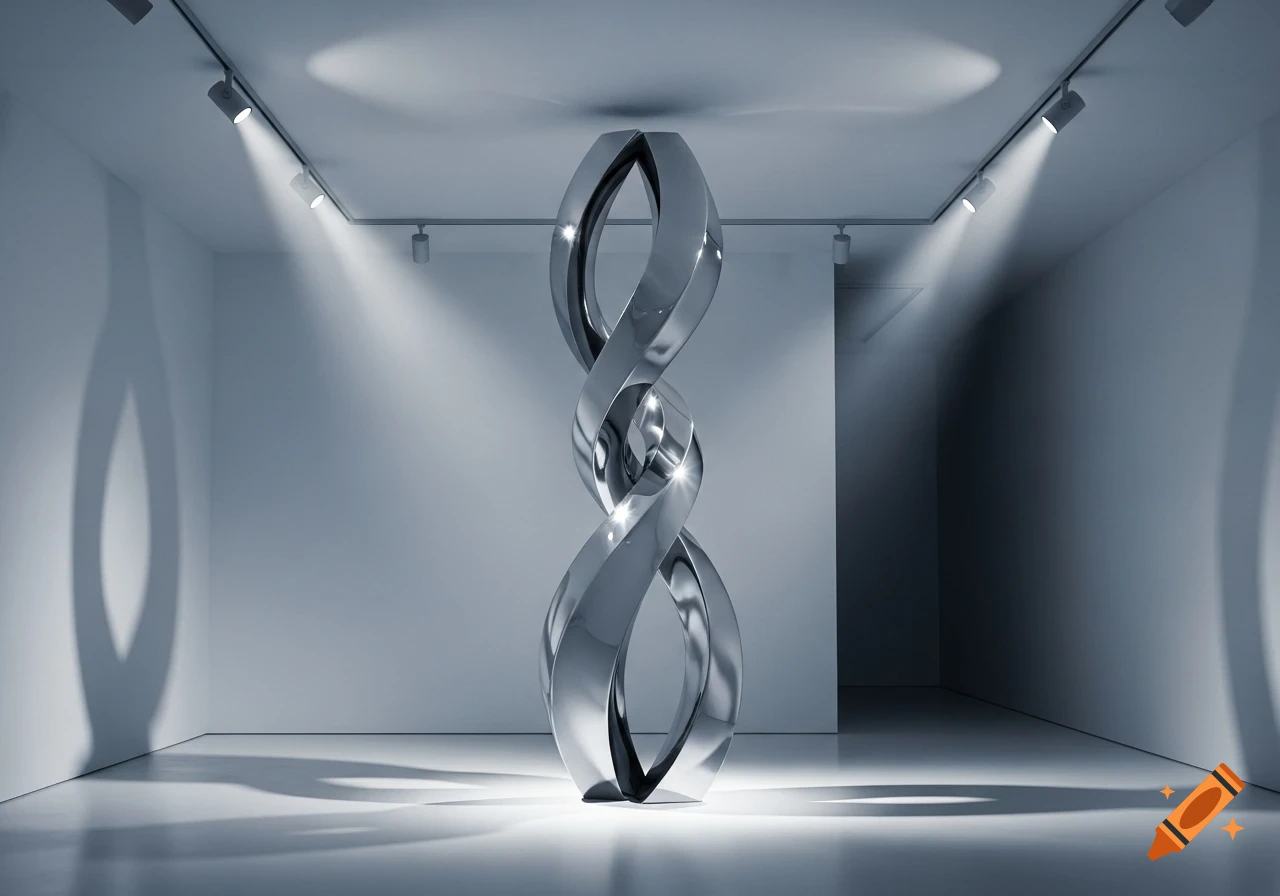 A sleek, silver abstract steel sculpture with intertwined loops stands in a minimalist white art gallery, dramatically lit by spotlights.