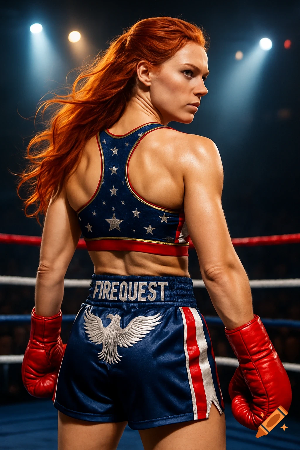 A muscular, red-haired female boxer in an American flag-themed outfit and red gloves stands in a boxing ring, looking over her shoulder.