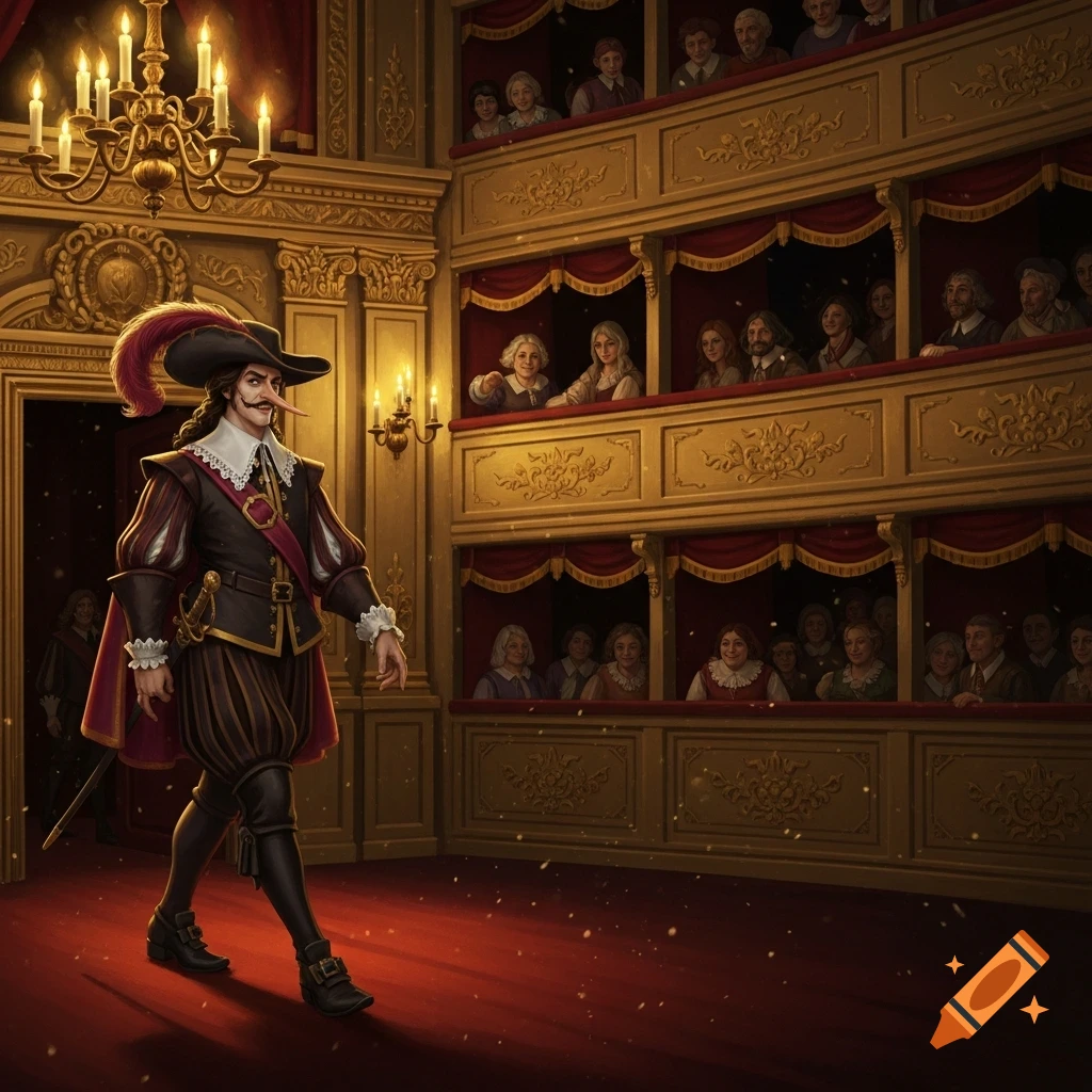 A man in 17th-century attire with a large feathered hat and long nose walks across a red stage in a grand gilded theater.