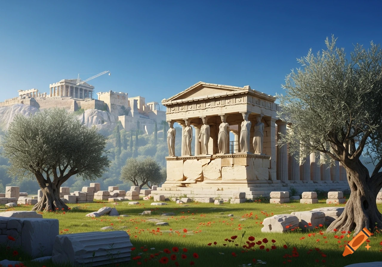 A sunlit ancient Greek temple in a grassy field with red flowers and olive trees. The distant Acropolis stands on a hill under a clear blue sky.