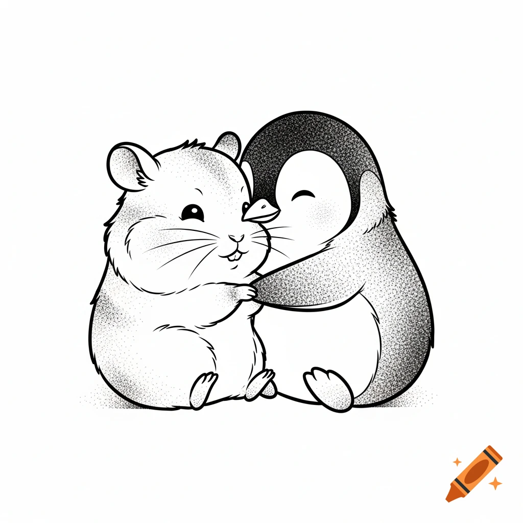 Cute cartoon hamster and penguin cuddling, depicted in a blackwork tattoo design with dotwork shading on a white background.