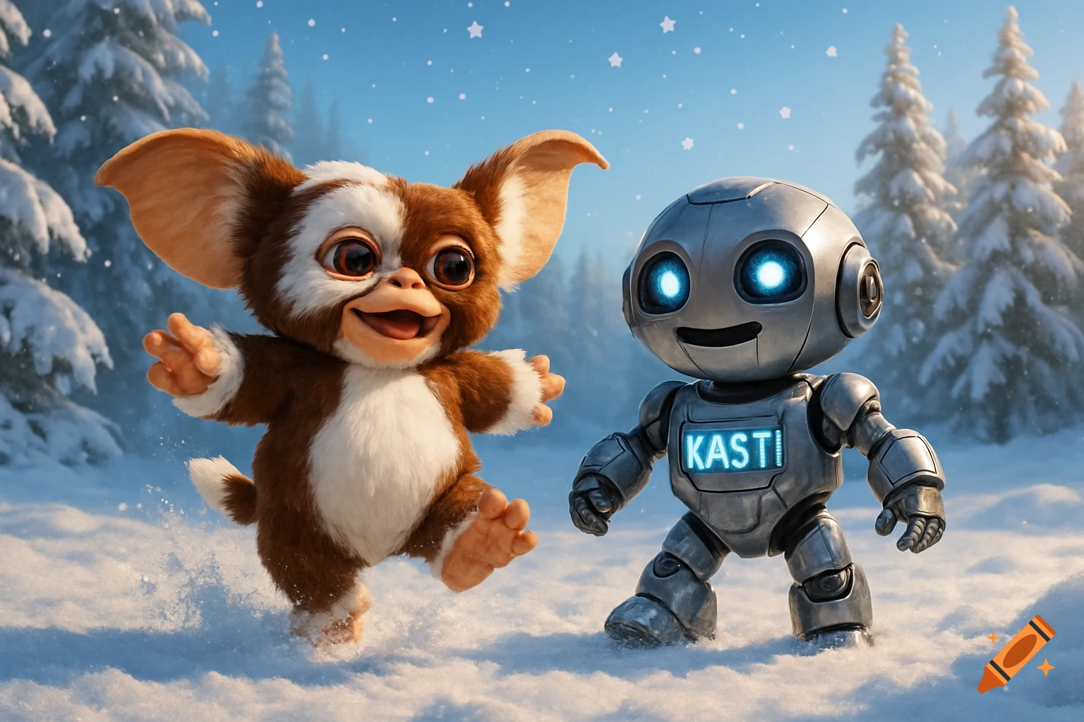 A smiling Gremlin Gizmo and a silver robot with "KASTI" on its chest play happily in a snowy winter forest scene.
