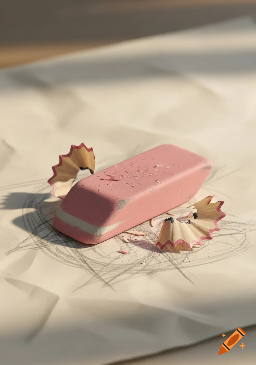 A pink eraser with white stripes, surrounded by curled pencil shavings and graphite marks on crumpled white paper.