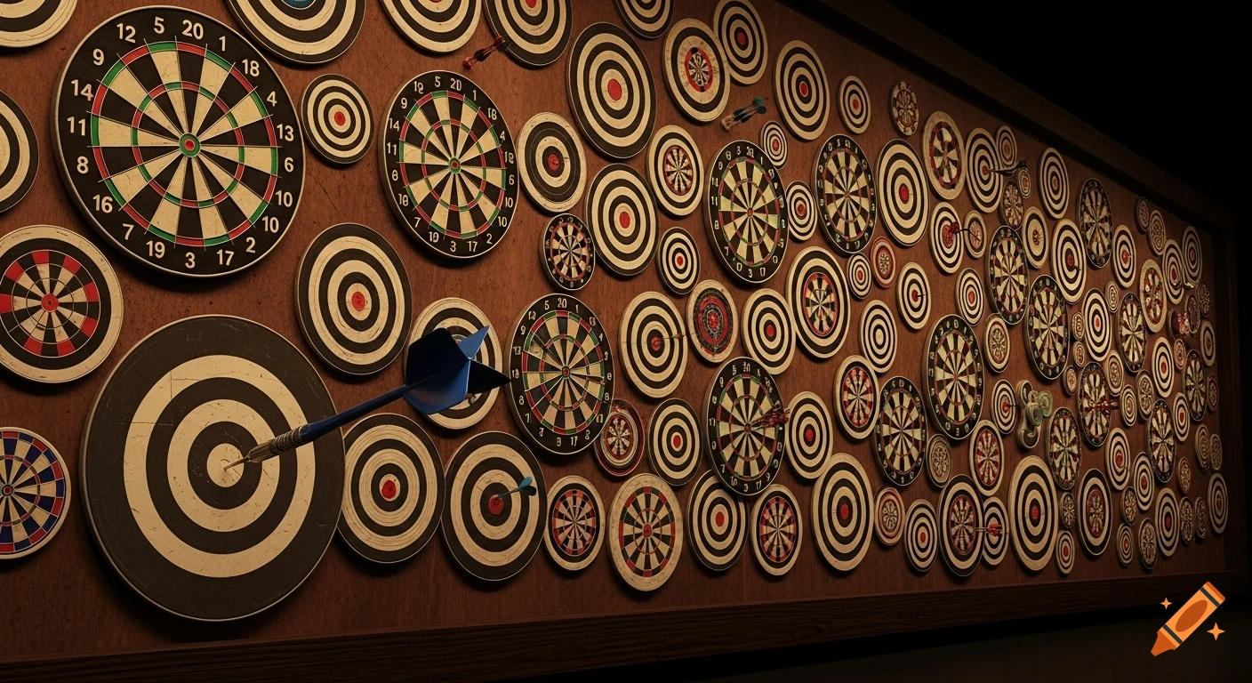A dark wooden wall covered with a dense arrangement of various dartboards, including many black and white bullseyes and colorful numbered boards. A blue dart is embedded in one of the lower-left dartboards.