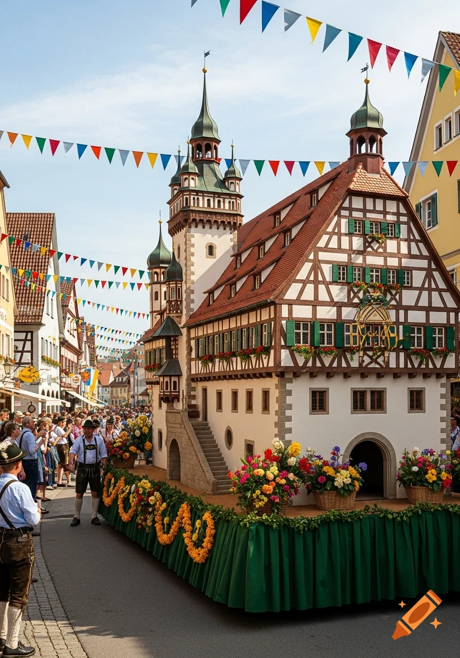 A detailed model of a historic half-timbered town hall on a parade float, adorned with flowers and green fabric, moves down a street lined with spectators and colorful bunting under a clear sky.