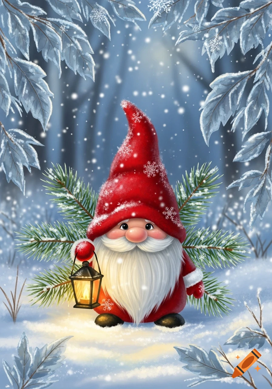 A cute, smiling gnome in a red hat and suit holds a lit lantern in a snowy winter forest illustration.