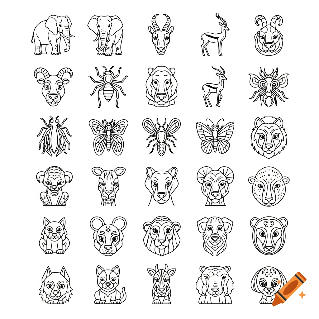 A grid of 30 black and white comic-style line art illustrations featuring various animals, including elephants, insects, felines, canines, and bovines.