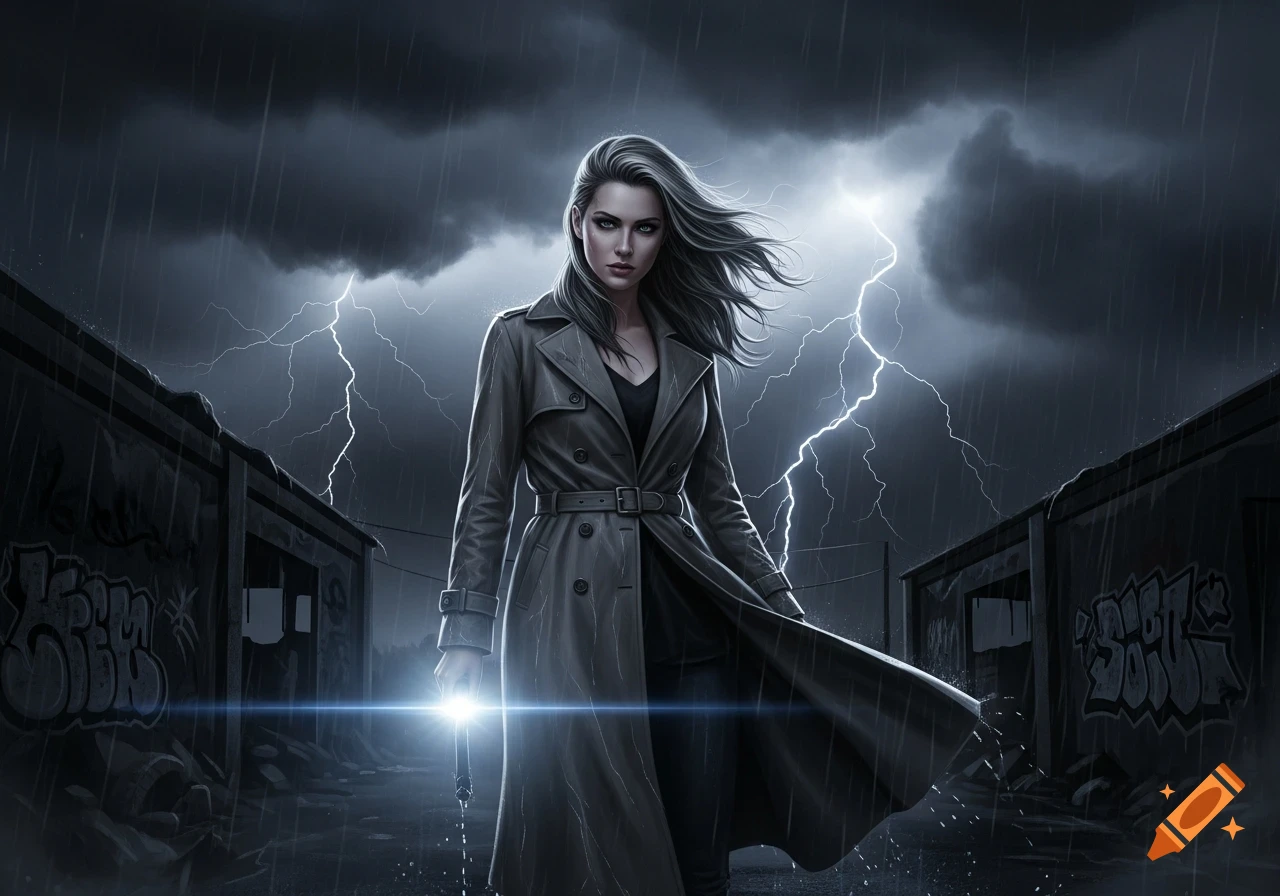 A woman in a trench coat stands in a dark, rainy alley as lightning strikes, holding a glowing object.
