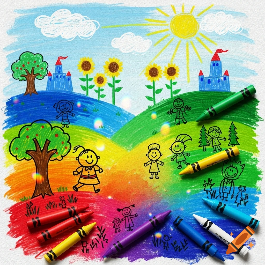 Colorful crayon drawing of a vibrant landscape with hills, trees, sunflowers, castles, stick figures, and several crayons lying in the foreground.