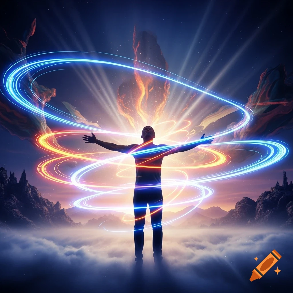 A silhouette of a person with outstretched arms is surrounded by swirling blue and orange light trails in a mystical, cloudy landscape at dawn.