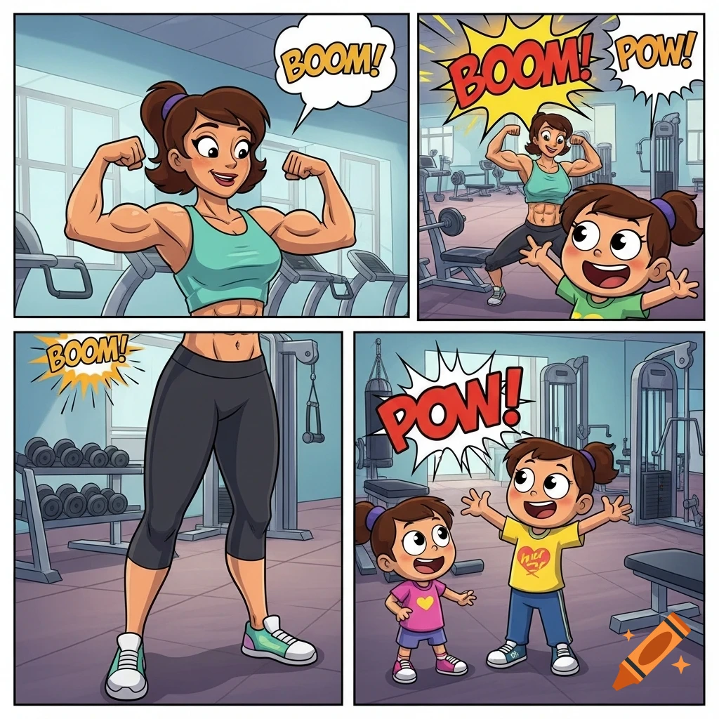 A four-panel cartoon comic strip showing a muscular mom flexing her biceps for her smiling daughter at a gym.