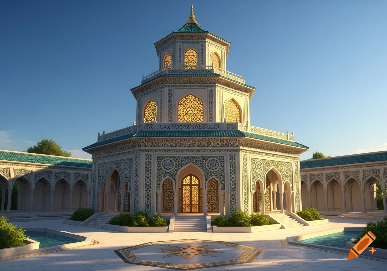 A highly ornate, multi-tiered white and teal building with intricate patterns, arched windows, and a golden dome under a clear blue sky. It stands in a paved courtyard with small pools and bushes.