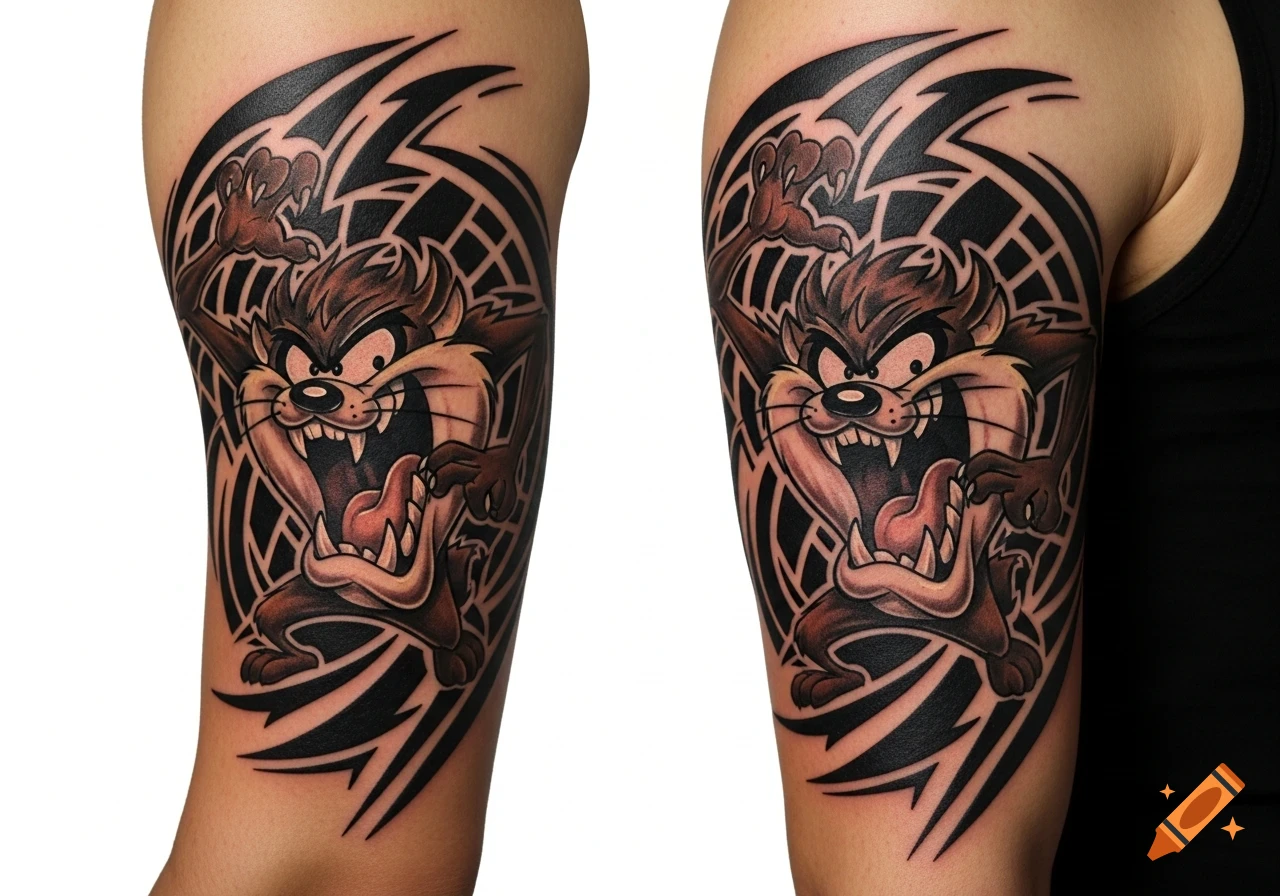 A detailed Taz cartoon character tattoo on an arm, with a bold black tribal art background.