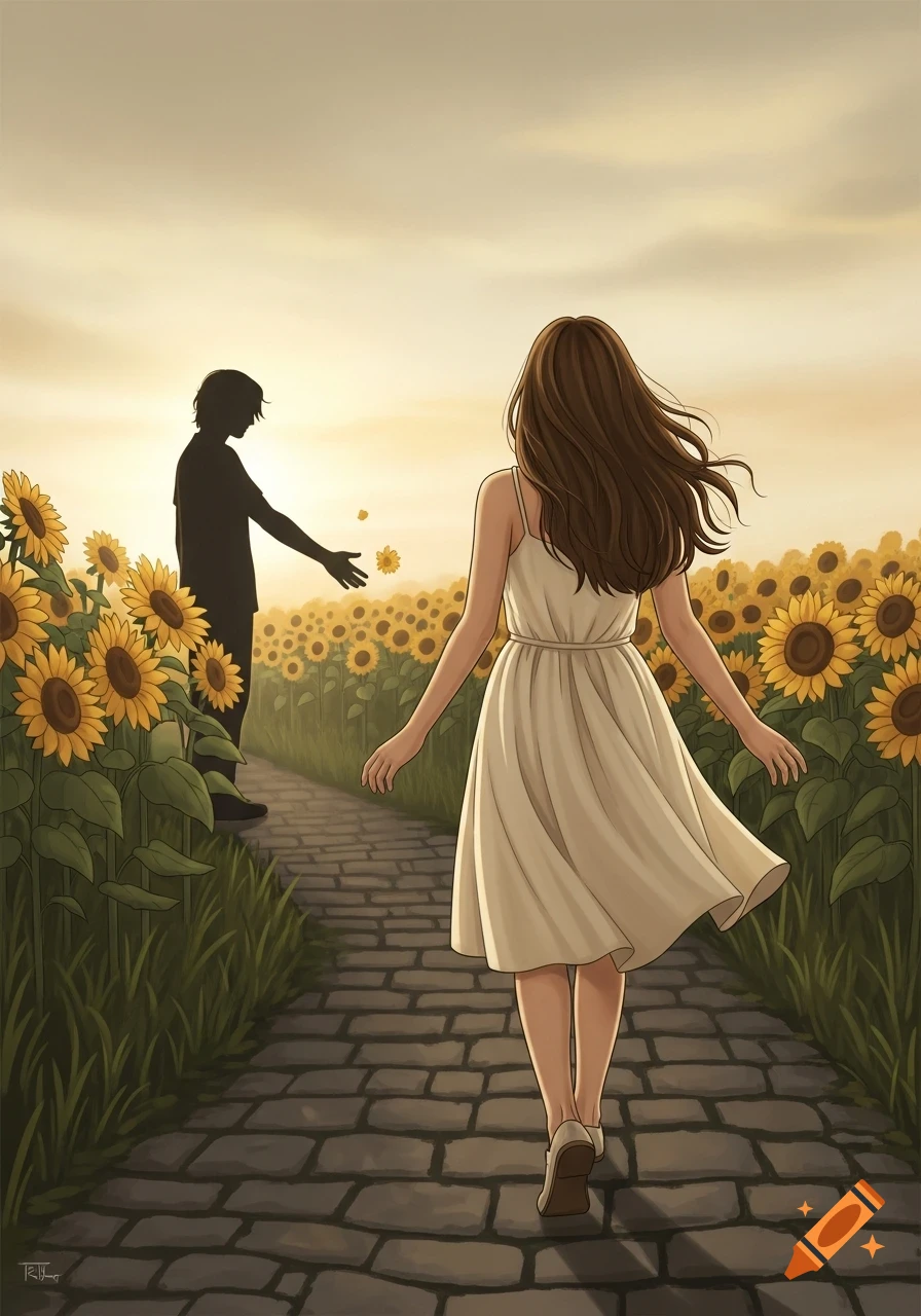 Digital illustration of a woman walking away on a cobblestone path through a sunflower field at sunset, a silhouetted man reaching out behind her.
