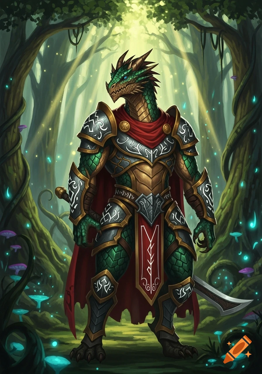 A majestic green Dragonborn warrior in elaborate gold and silver armor and a red cape stands in a magical forest with glowing plants and light rays.