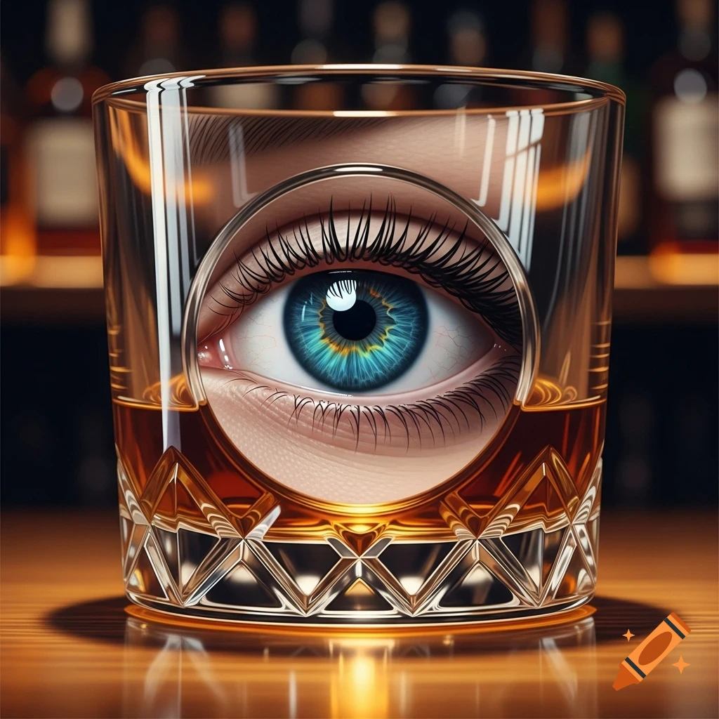 A detailed blue eye within a faceted whiskey glass filled with amber liquid, on a polished bar with blurred bottles in the background.