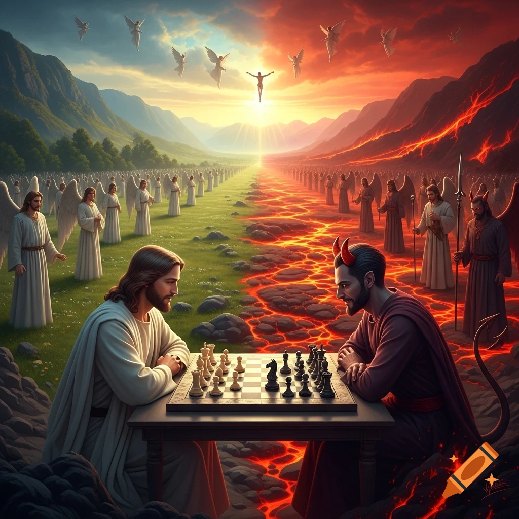 Jesus and the Devil play chess in a valley divided between a lush heaven with angels and a fiery hell with demons.