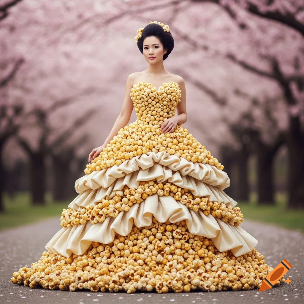 A woman wears a voluminous strapless dress covered in popcorn and gold fabric, standing in a cherry blossom-lined path.
