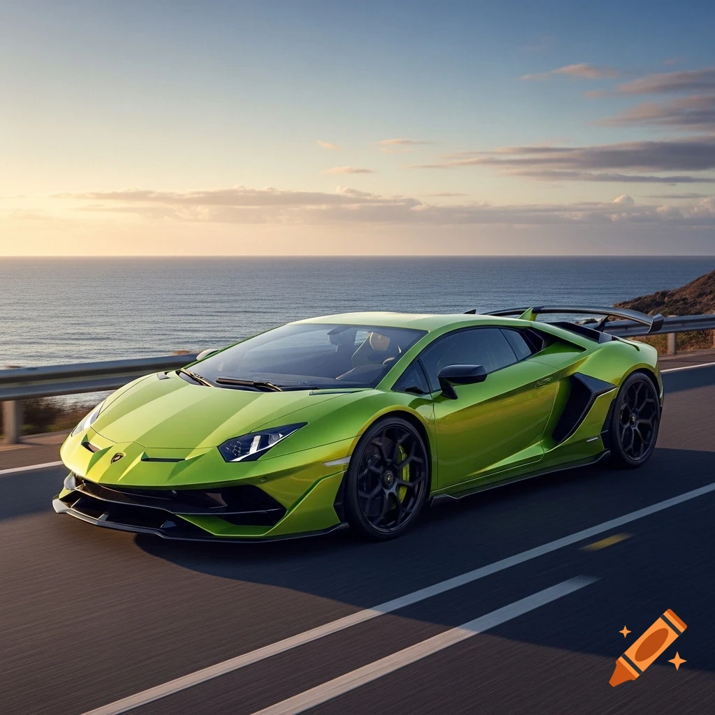 A vibrant green Lamborghini sports car drives along a coastal road at sunset, with the ocean in the background.