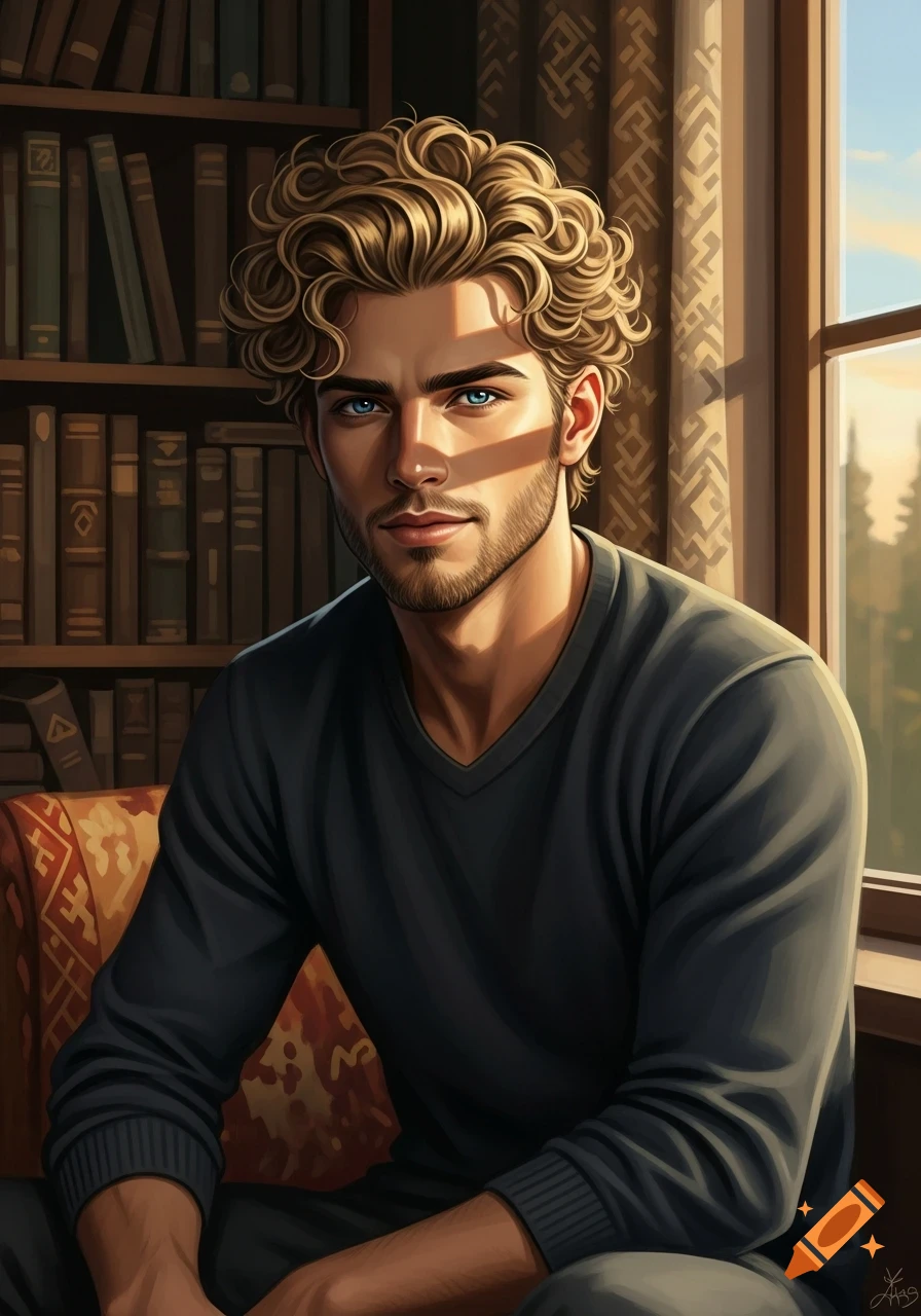 A digitally painted portrait of a man with blonde curly hair, blue eyes, and a short beard, sitting by a bookshelf and a sunlit window.