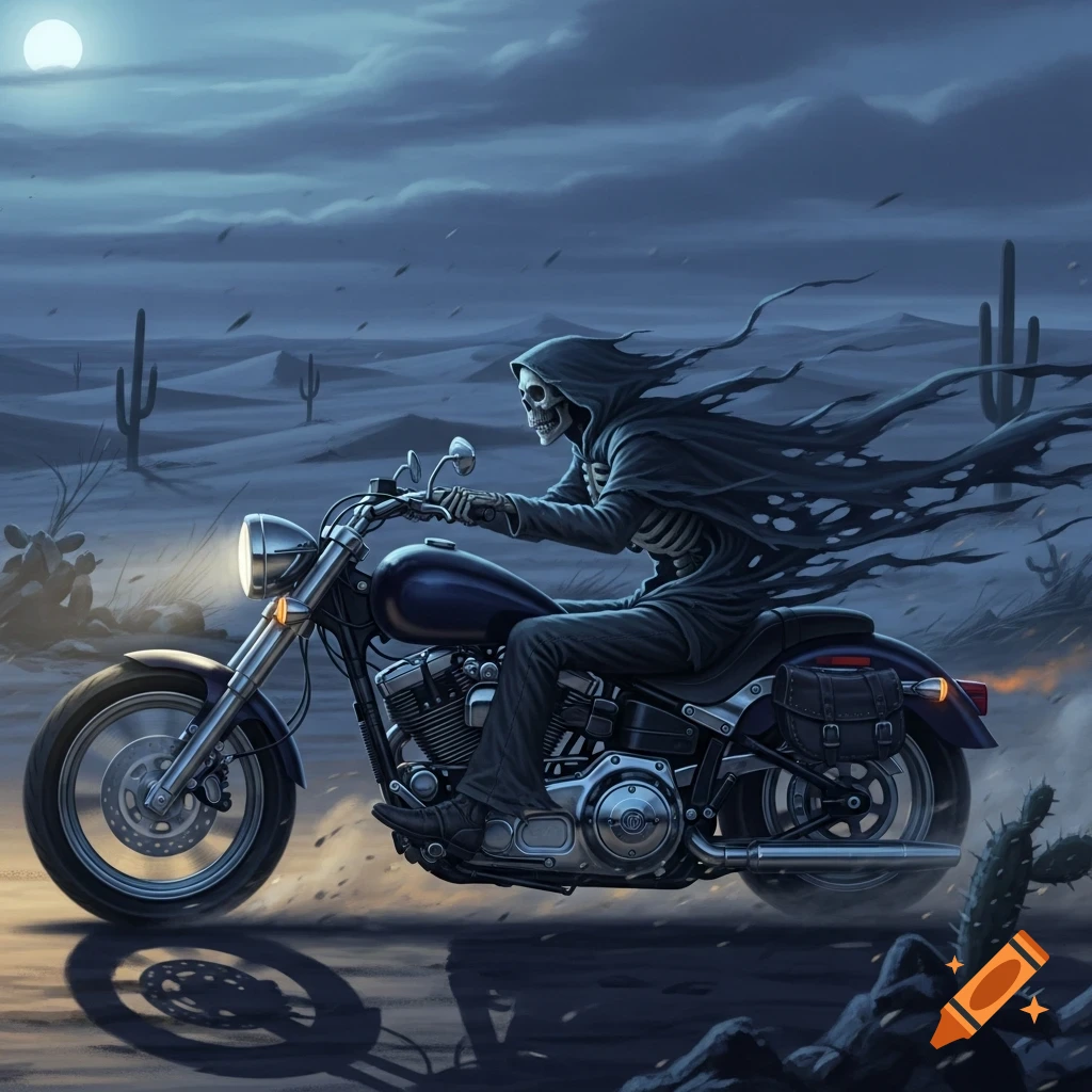 A grim reaper skeleton in a hooded cloak rides a motorcycle through a dusty desert under a full moon at night.