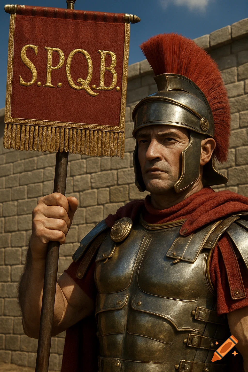 A photorealistic Roman centurion in detailed armor holds a red banner with gold 'S.P.Q.B.' against a stone wall under a blue sky.