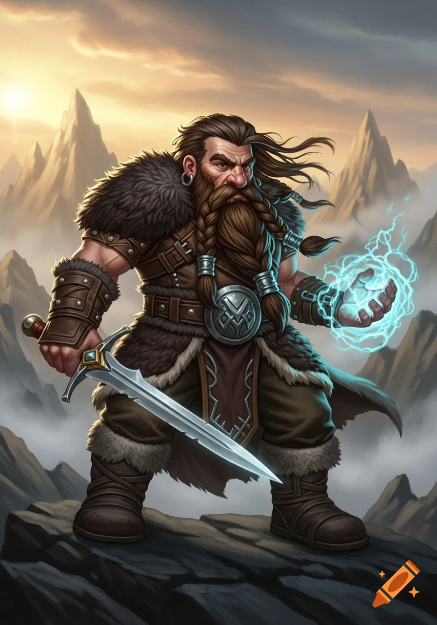 A strong fantasy dwarf with a braided brown beard stands on a rocky mountain, holding a sword and glowing blue magic, under a sunset sky.