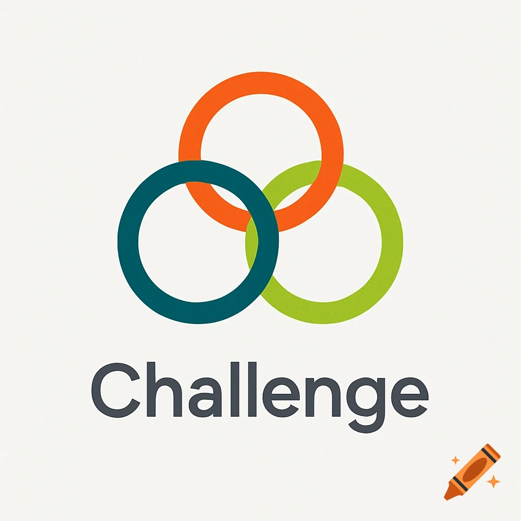 A minimalist logo with three interlocking rings in orange, teal, and lime green above the word "Challenge" on a white background.