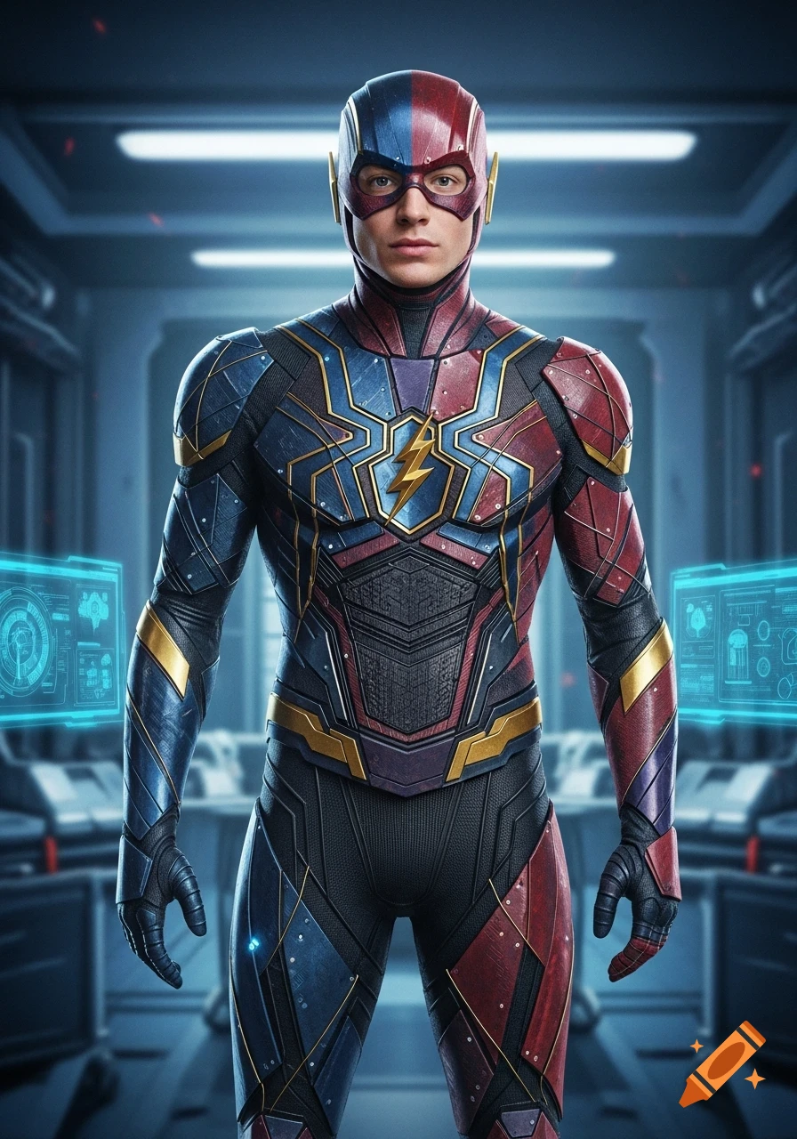 A man in a detailed red, blue, and gold tech superhero suit with a ...