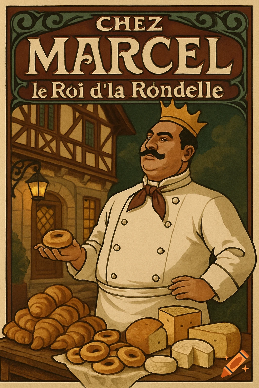 Vintage poster art of a regal chef holding a donut, with a spread of bread, croissants, and cheese on a table.