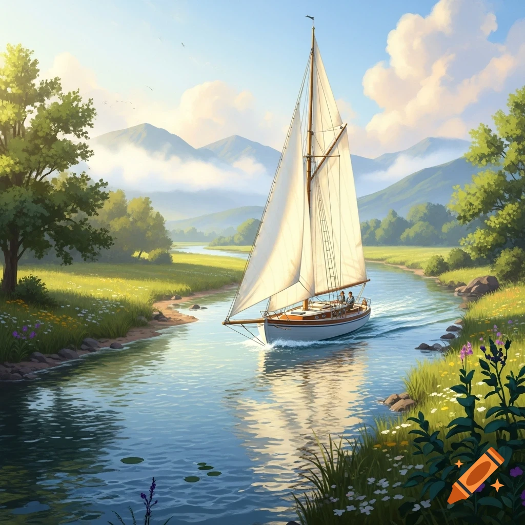 A serene digital painting of a sailboat cruising down a winding river through a lush green valley with mountains under a sunny sky.