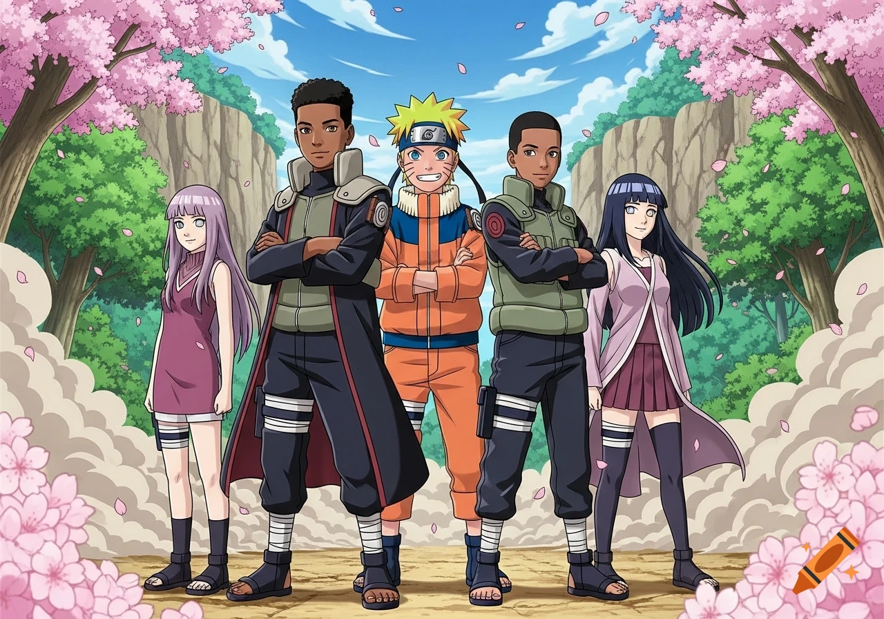 Five anime characters, including Naruto and Hinata, in ninja attire stand amidst cherry blossoms and rocky cliffs.