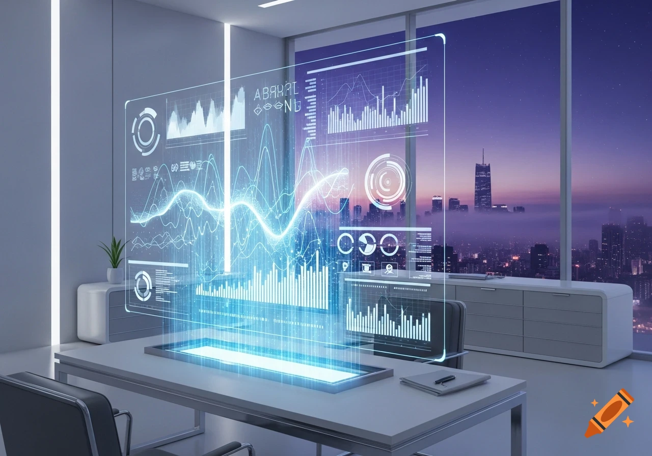 Futuristic office with a large glowing holographic data display showing charts and graphs, overlooking a misty city skyline at dusk.