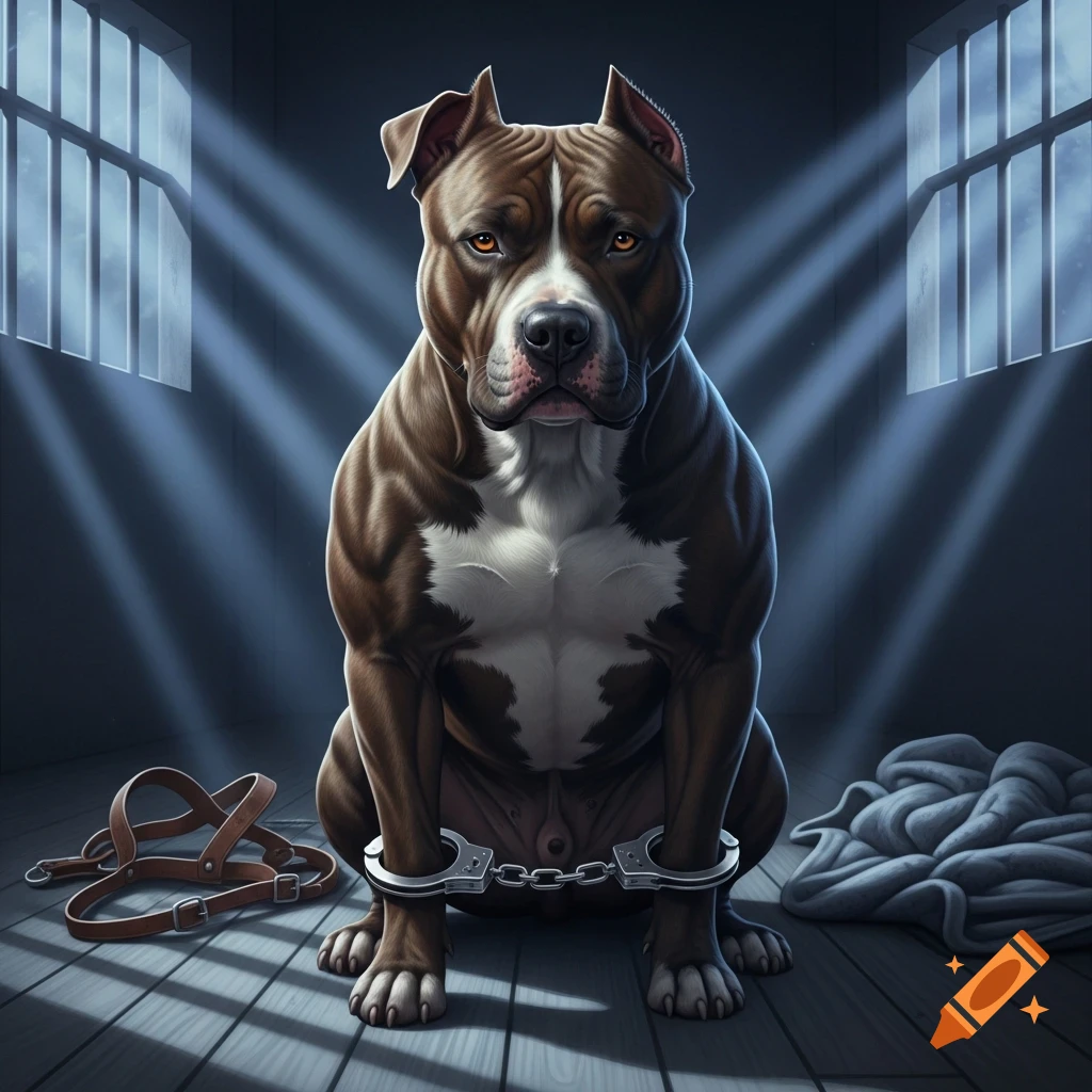 Muscular brown and white pit bull terrier in handcuffs sits in a dark, stylized prison cell with light from barred windows.